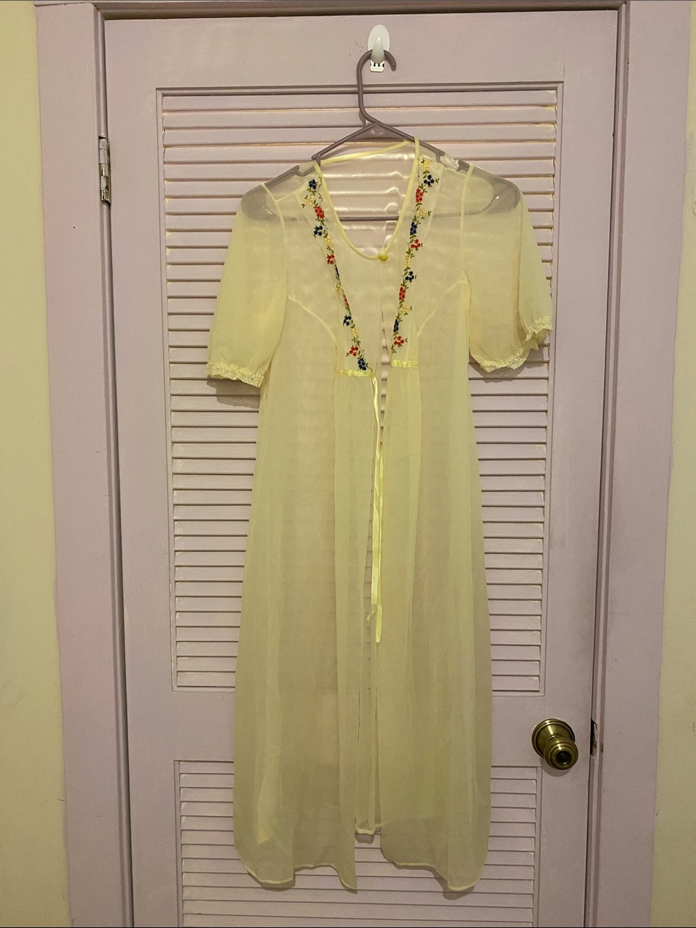 Vintage Sheer Yellow Floral-Trim Women's Nightgown